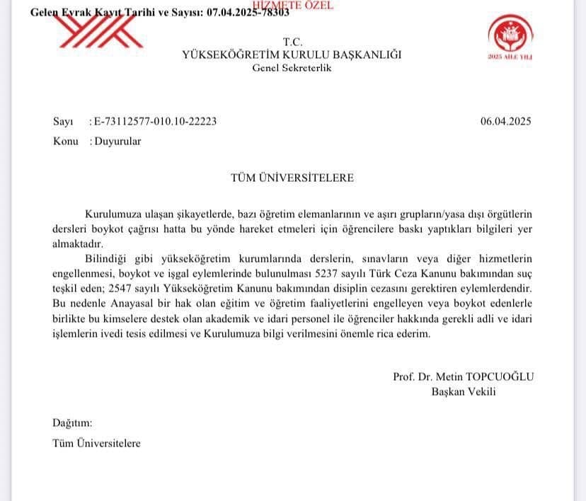 YÖK’ten üniversitelere boykot uyarısı: “Adli ve idari işlem başlatılmalı”