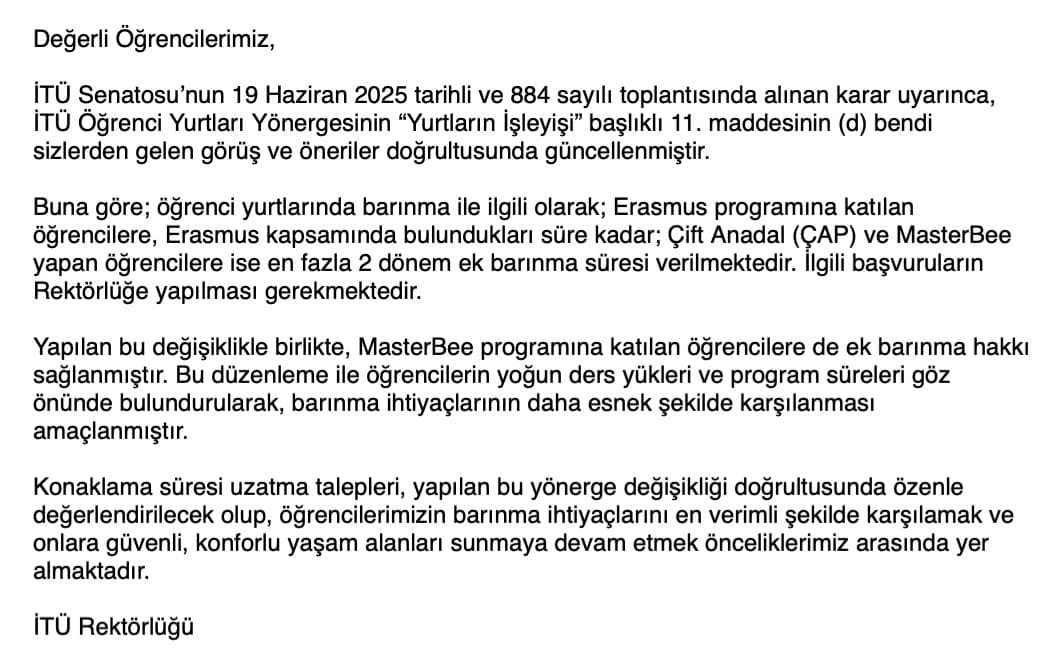MasterBee öğrencilerine İTÜ yurtlarında yeni hak
