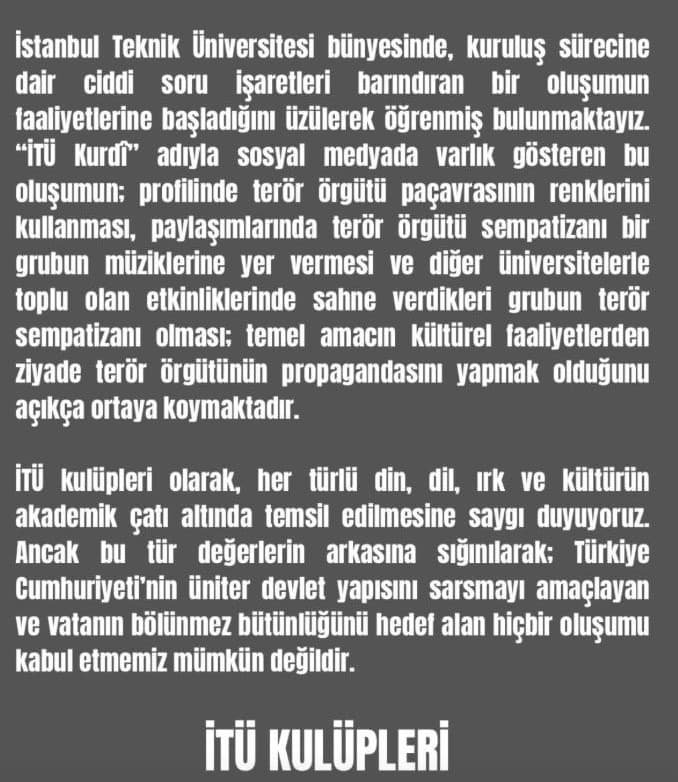 İTÜ öğrenci kulüplerinden "İTÜ Kurdi" hakkında ortak bildiri
