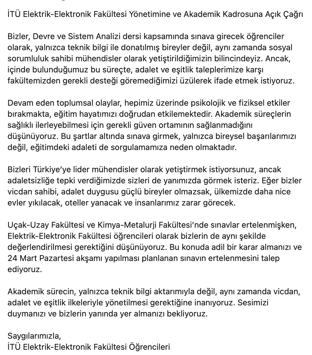 İTÜ öğrencilerinden vizelerin ertelenmesi çağrısı