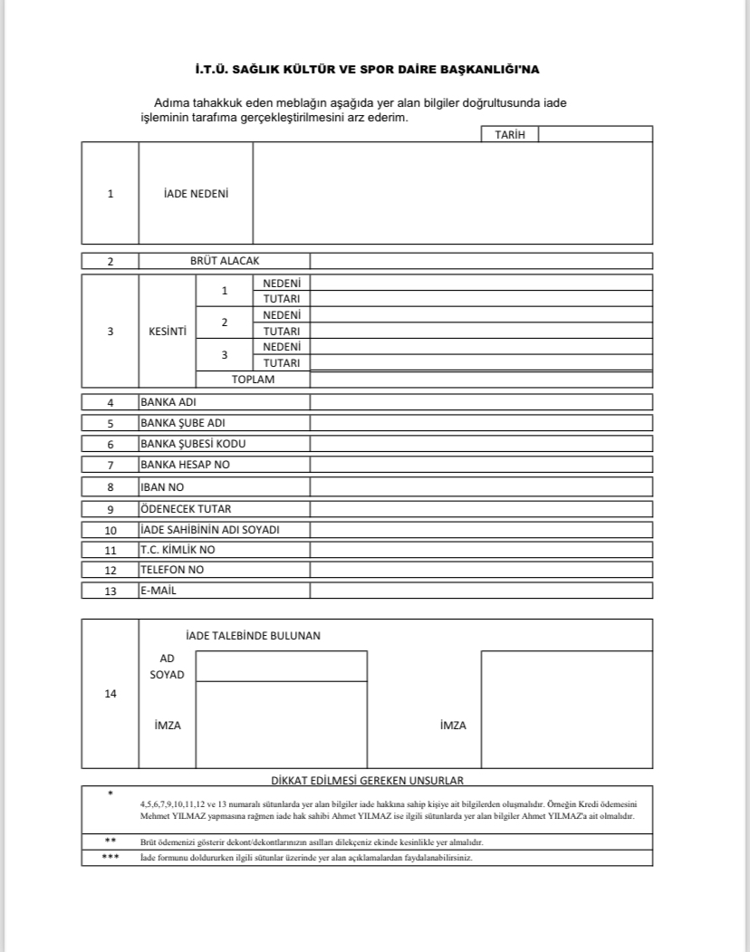 Kız öğrencilere gönderilen kayıt yenileme ücreti iade formu