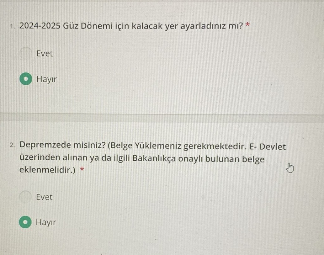 Erkek öğrencilere gönderilen ankette yer alan bazı sorular 