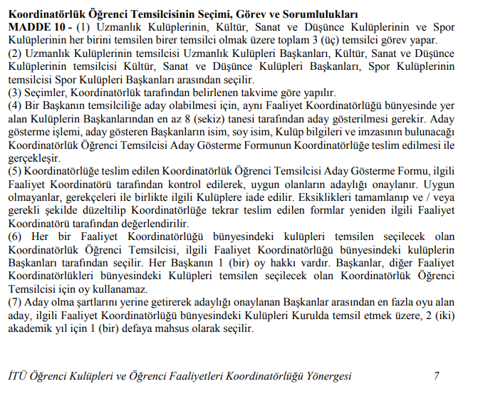 İstanbul Teknik Üniversitesi Öğrenci Kulüpleri Ve Öğrenci Faaliyetleri Koordinatörlüğü Yönergesi Öğrenci Temsilcisi Kısmı