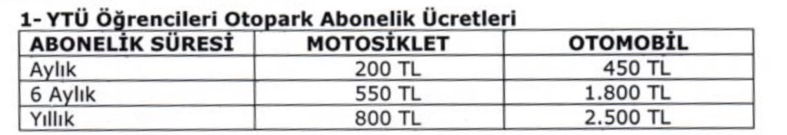 Yıldız Teknik Üniversitesi otopark abonelik ücretleri