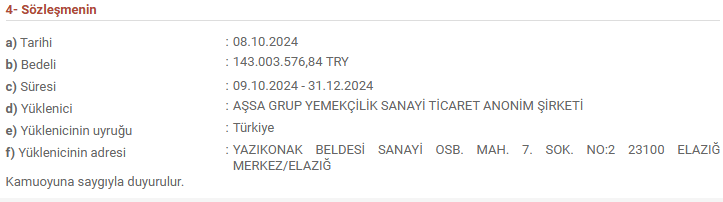 09 Ekim 2024 - 31 Aralık 2024 tarihlerini kapsayan ikinci ihale sonucu