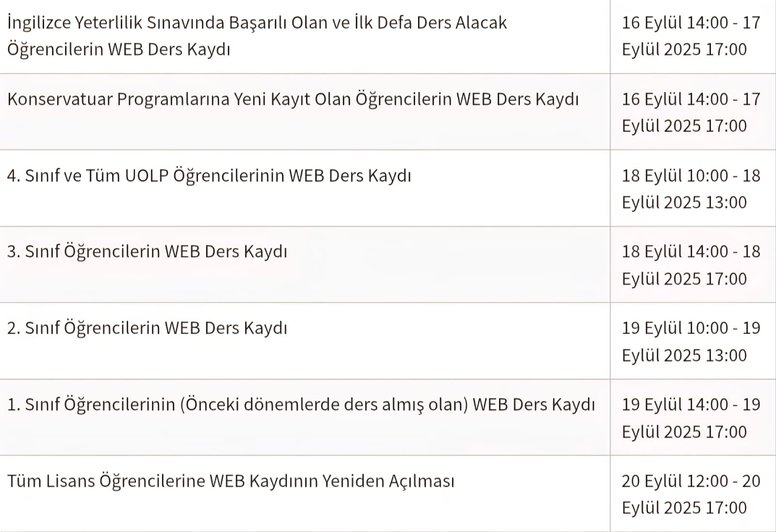 Akademik takvime göre ders seçimi tarihleri