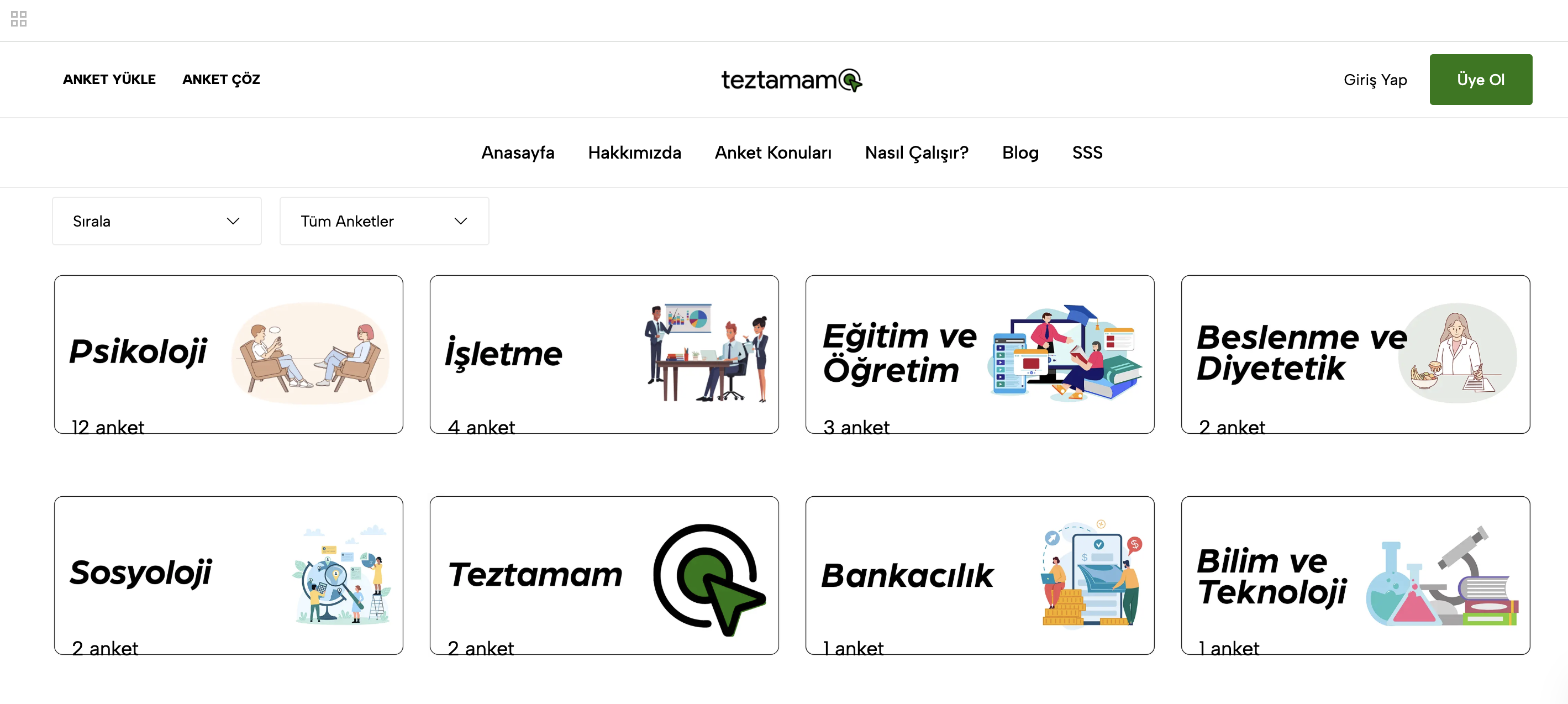Web sitesindeki anket kategorileri