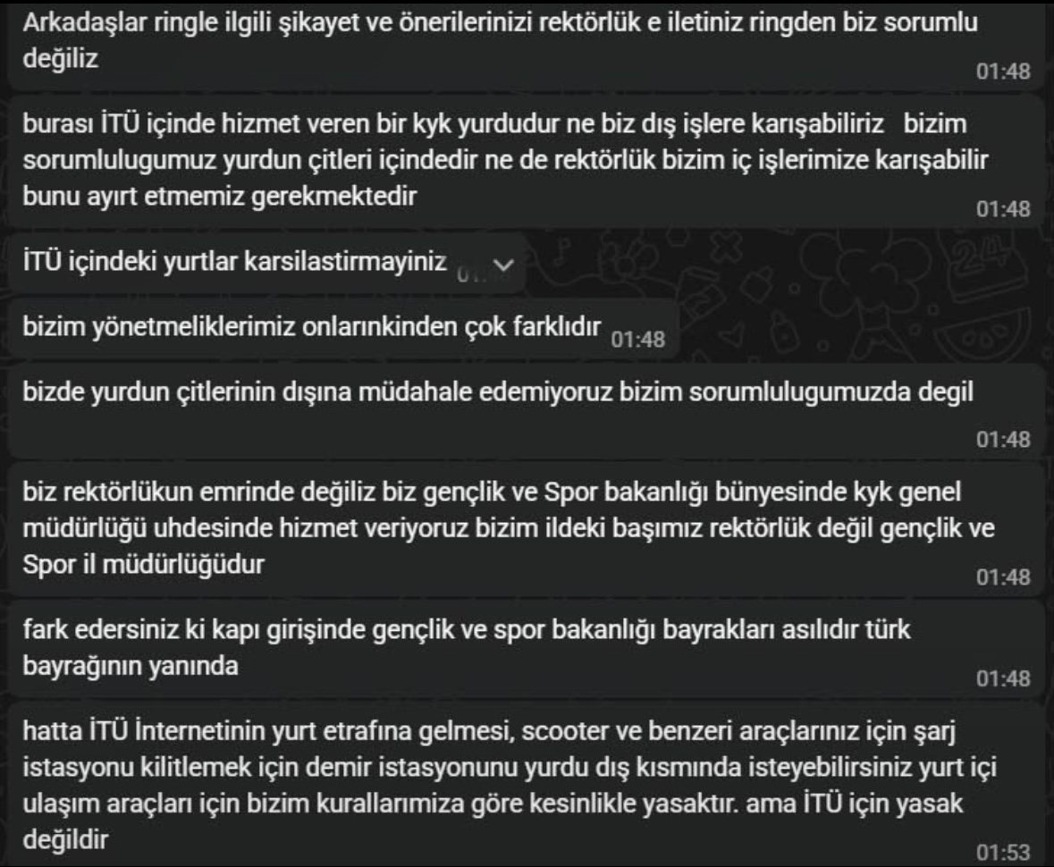 M&uuml;hendishane KYK Yurdu idaresinin WhatsApp grubunda yaptığı yetki paylaşımı(&ouml;ğrenci paylaşımı), 2026.